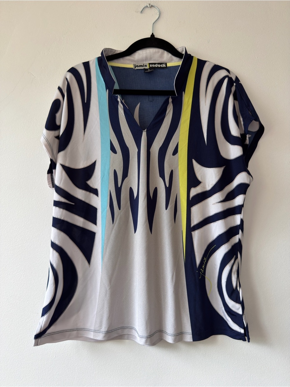 Jamie Sadock Navy & White Printed Mock Polo Top with‎ Accent Stripes